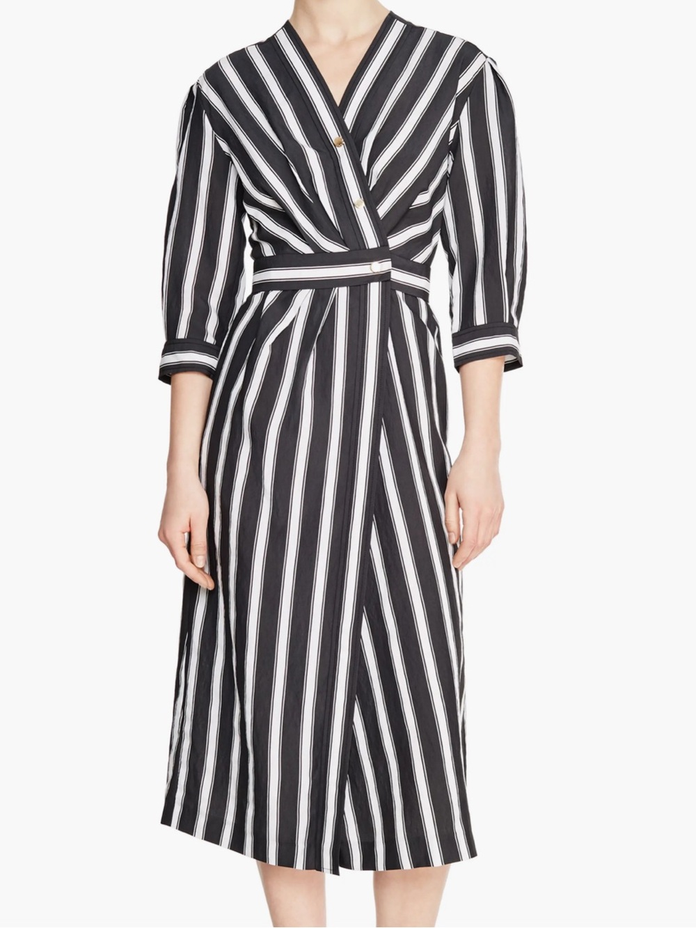 Sandro Carl Striped Midi Dress size 38 Snaps Asymmetrical Wrap 3/4 Sleeves